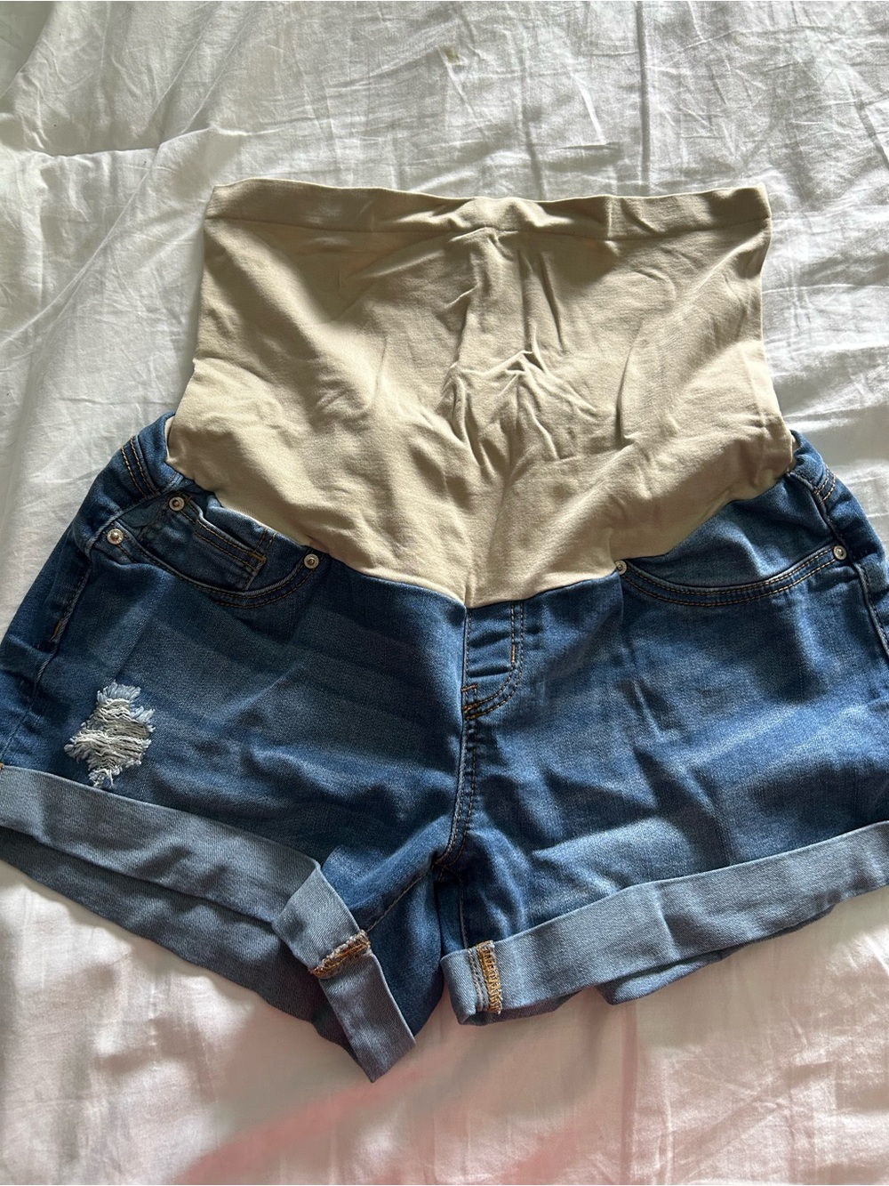 Beige Maternity Denim Shorts - Women Shorts
